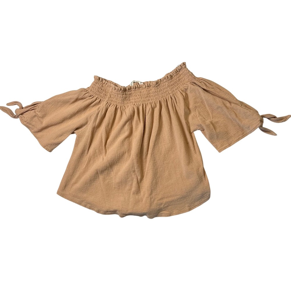 Vanilla Star Womens Tan Cotton Gauze Smocked Off Shoulder Boho Top‎ Size M